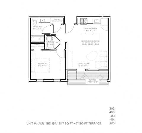 Floor plan for 1 bed, 1 bath, 547 sqft